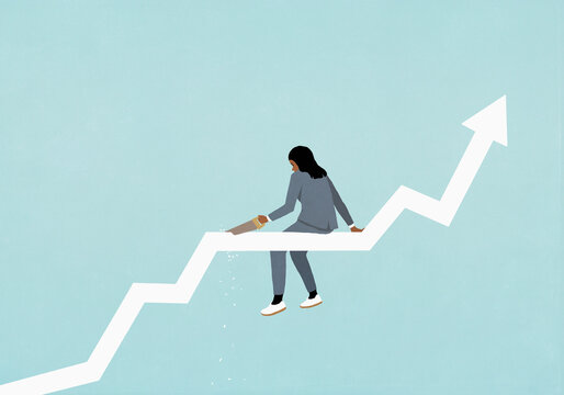 Businesswoman with saw cutting ascending chart arrow she is sitting on

