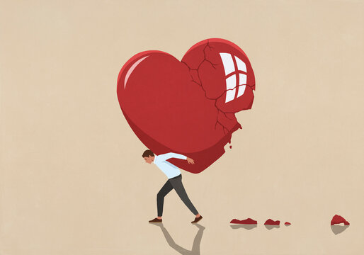 Man carrying large broken heart on back
