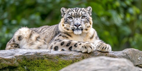 Obraz premium A majestic snow leopard rests on a rock, showcasing its beautiful fur patterns against a lush green background.