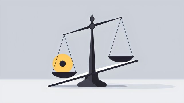 Decision-making concept with a slightly tipped scale and yellow-marked weight on light grey background