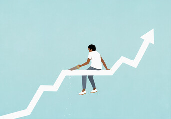 Teenage boy with saw cutting ascending chart arrow he is sitting on
