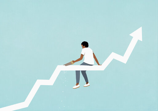 Teenage boy with saw cutting ascending chart arrow he is sitting on
