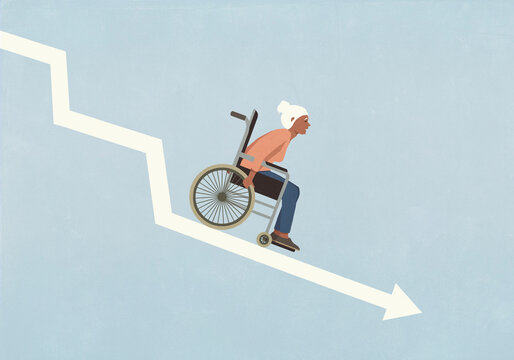 Senior woman in wheelchair speeding down descending chart arrow
