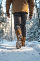 Man in boots walking along snowy path in winter forest