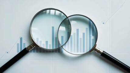 Two magnifying glasses overlapping on faint bar graph with soft blue accents – Suitable for business analytics, data research, or financial concepts.