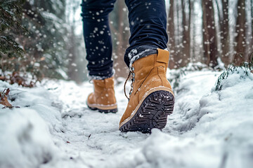 Man in boots walking along snowy path in winter forest