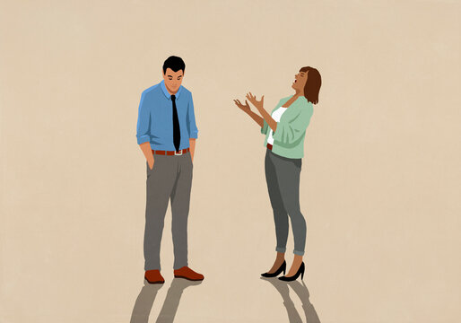 Businesswoman yelling and gesturing at dejected businessman
