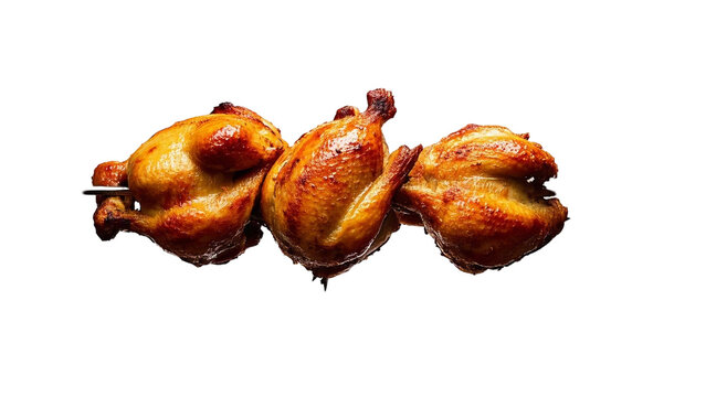 Three roasted chicken, positioned horizontally on a large metal skewer, tightly secured and perfectly browned,  PNG file isolated on transparent background cut out, clipping path, social media, web, 