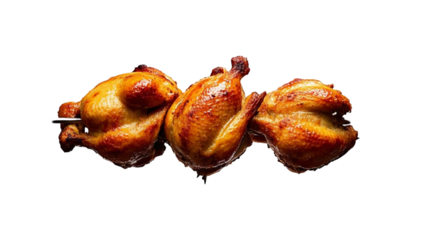 Three roasted chicken, positioned horizontally on a large metal skewer, tightly secured and perfectly browned,  PNG file isolated on transparent background cut out, clipping path, social media, web, 