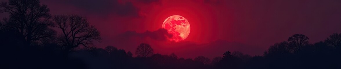 Silhouetted trees against a blood red moon Deep shadows, chilling atmosphere , gothic, horror scene
