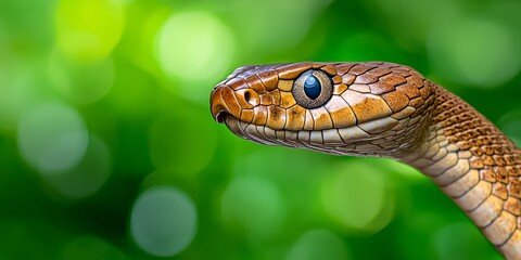 Obraz premium A close-up of a snake's head with striking patterns and a vivid blue eye, set against a soft green background that enhances its features.