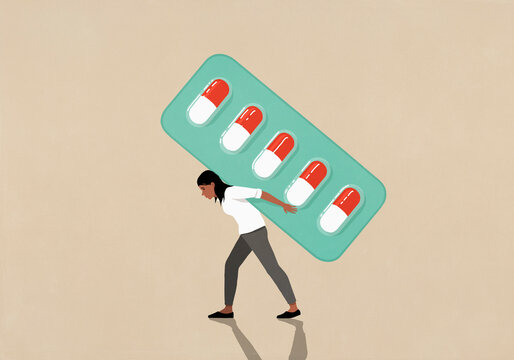 Woman carrying large medication blister back on back against beige background
