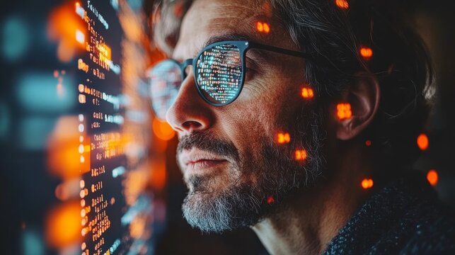 Focused Programmer Man Studying Code on Computer Screen