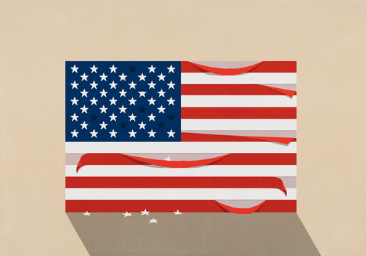 Stars and stripes falling and peeling off American flag
