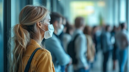 A group of individuals stands in line with masks, chatting quietly while adhering to social distancing guidelines. The well-lit indoor environment suggests a busy and communal atmosphere