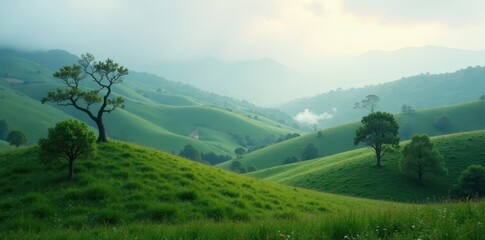 Naklejka premium Rolling hills veiled in mist, ancient trees emerge, brown, background