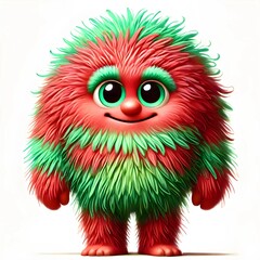 Fototapeta premium A whimsical and cute cartoon creature with bright red and green fluffy fur. It has large, shiny green eyes, a round nose, and a friendly smile. Stands upright with a soft, plush-like texture.