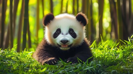 Obraz premium Playful baby panda lying on the grass with a bamboo forest in the background