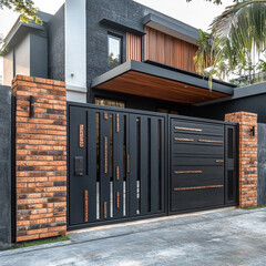 Modern metal fence for fencing the yard area. Horizontal sections of the fence made of metal, ai