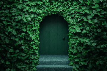 Fototapeta premium A vibrant green door surrounded by lush foliage, inviting exploration and nature's beauty.