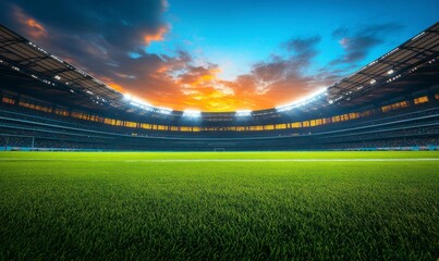 wide-angle view of an empty Football stadium at sunset, illuminated by lights and a green grass field under the setting sun. The sky is painted with hues of blue and orange