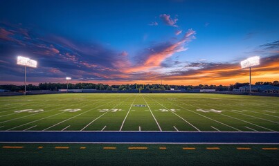 Obraz premium wide-angle view of an empty Football stadium at sunset, illuminated by lights and a green grass field under the setting sun. The sky is painted with hues of blue and orange
