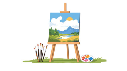 A digital illustration depicts a wooden easel holding a canvas displaying a painted landscape scene. The landscape features a blue sky with clouds, a sun, mountains, trees, a river, and