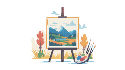 A digital illustration depicting an easel holding a landscape painting. The painting showcases mountains, a lake, and trees in autumnal colors.  The easel is positioned on a grassy area