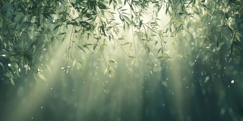 Sunlight filtering through bamboo leaves in mystical forest nature tranquil atmosphere
