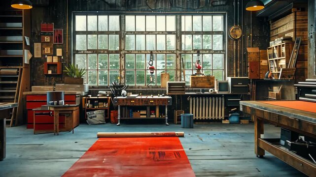 Bright and spacious workspace showcases tables, tools, and colorful materials in a cozy industrial design