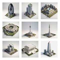 This image displays a collection of famous landmark buildings. Each building is uniquely designed and presented in an isometric perspective.