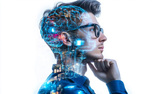  artificial intelligence concept with double exposure on a white background. A man in glasses is thinking about something futuristic and high-tech, glowing brain structure. 