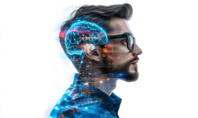  artificial intelligence concept with double exposure on a white background. A man in glasses is thinking about something futuristic and high-tech, glowing brain structure. 