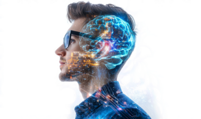  artificial intelligence concept with double exposure on a white background. A man in glasses is thinking about something futuristic and high-tech, glowing brain structure. 