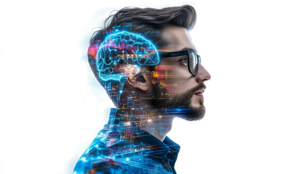  artificial intelligence concept with double exposure on a white background. A man in glasses is thinking about something futuristic and high-tech, glowing brain structure. 