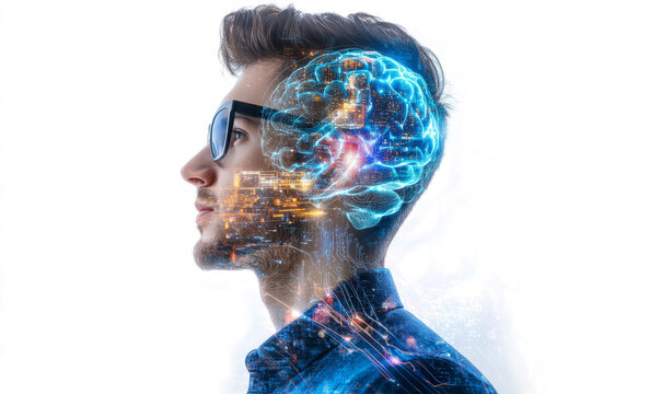  artificial intelligence concept with double exposure on a white background. A man in glasses is thinking about something futuristic and high-tech, glowing brain structure. 