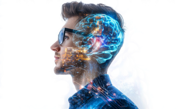  artificial intelligence concept with double exposure on a white background. A man in glasses is thinking about something futuristic and high-tech, glowing brain structure. 