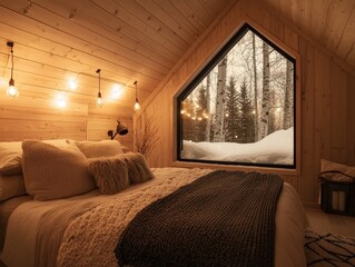 Cozy winter bedroom retreat snowy forest interior design warm atmosphere inviting view relaxation concept