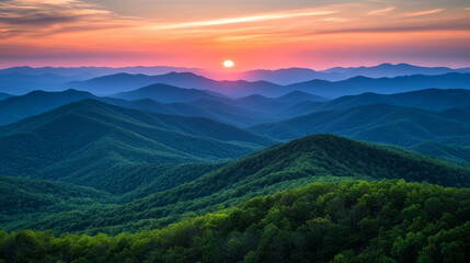 Fototapeta premium Scenic sunset over the Blue Ridge Mountains with rolling hills, lush greenery, and golden sunlight casting a warm glow across the landscape