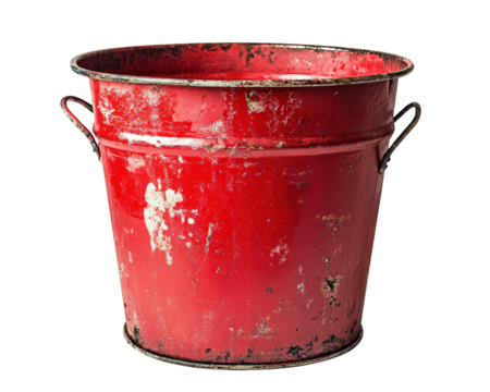 weathered red metal bucket with rustic finish, showcasing its vintage charm and character. Ideal for various uses in gardening or home decor