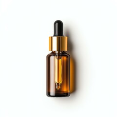 Glass oil dropper with golden cap and amber liquid.