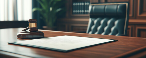 A well-furnished office desk featuring a gavel and a blank document.