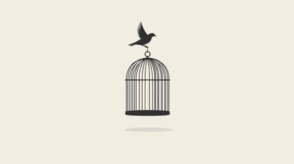 The image is a minimalist vector illustration featuring a black silhouette of a bird perched on the top of a birdcage. The bird appears to be in the act of taking flight. The cage is