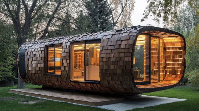 modern home featuring smart furniture and eco friendly design, surrounded by greenery. unique architecture showcases blend of wood and glass, creating warm atmosphere