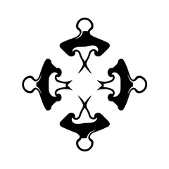 Symmetrical black and white abstract design in a minimalist style featuring a cross-like configuration of stylized shapes.