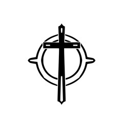 The image depicts a black cross encircled by a concentric ring and circle, radiating lines, against a white background.