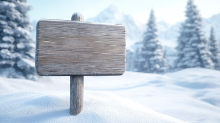 Naklejka premium A wooden signpost standing in a snowy landscape with evergreen trees in the background.
