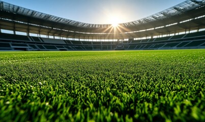 wide-angle view of the green grass on an empty football stadium, with sunlight shining down from above. The background features a large concrete structure resembling one half of a sports arena.