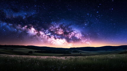 Fototapeta premium Breathtaking view of the Milky Way galaxy from an open field at night, stars twinkling above the horizon with rolling hills below, showcasing the vastness of space and the tranquil beauty of sky