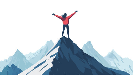 A stylized illustration depicting a person standing atop a snow-capped mountain peak with arms outstretched. The style is minimalist, with flat, bold colors and simplified forms. The